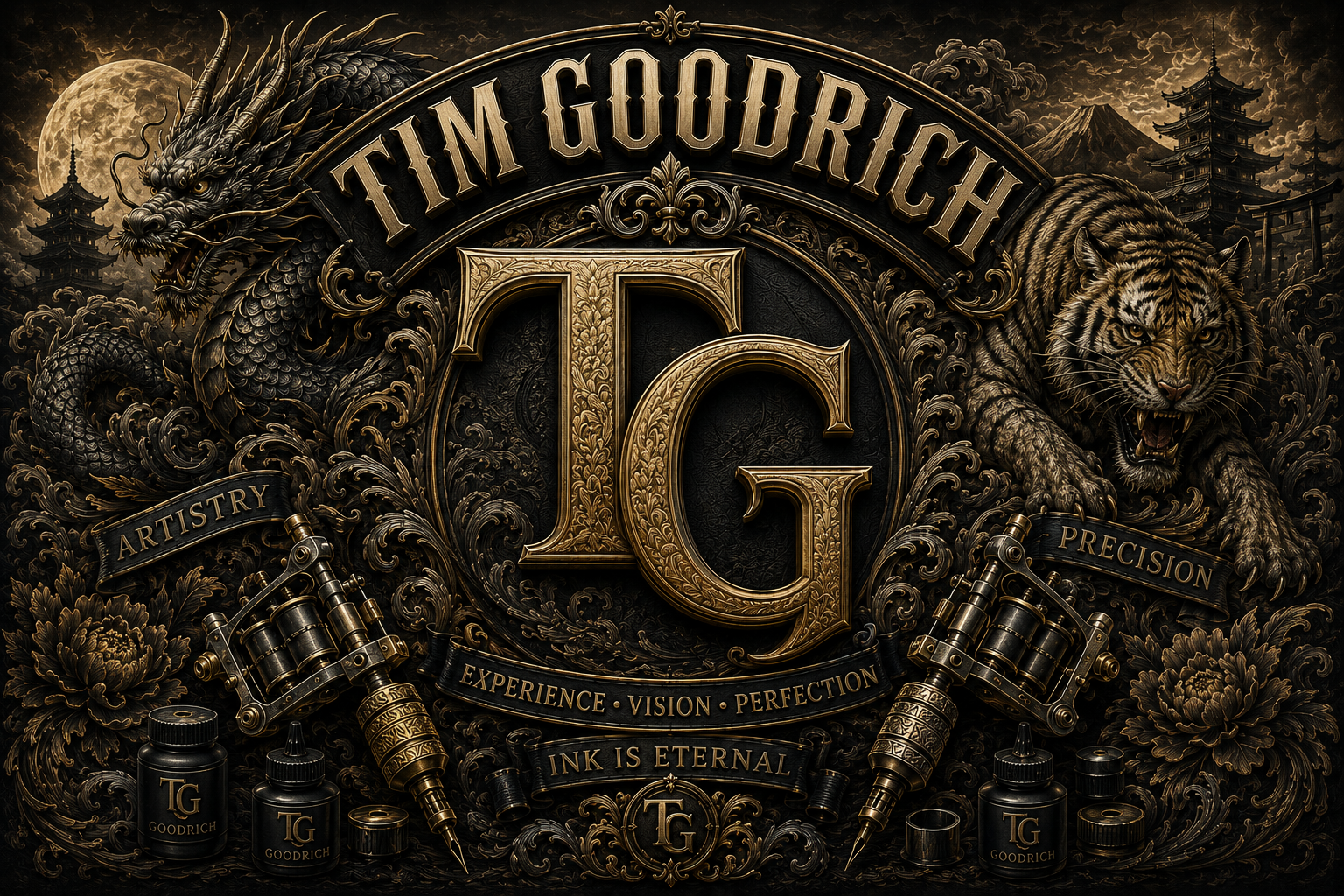 TattooShopWaikiki.com — Tim Goodrich TG blackletter monogram with Asian dragon, tiger, tattoo machines, banners reading Artistry · Precision · Experience · Vision · Perfection · Ink is Eternal · Wailana Tattoo Waikiki Hawaii