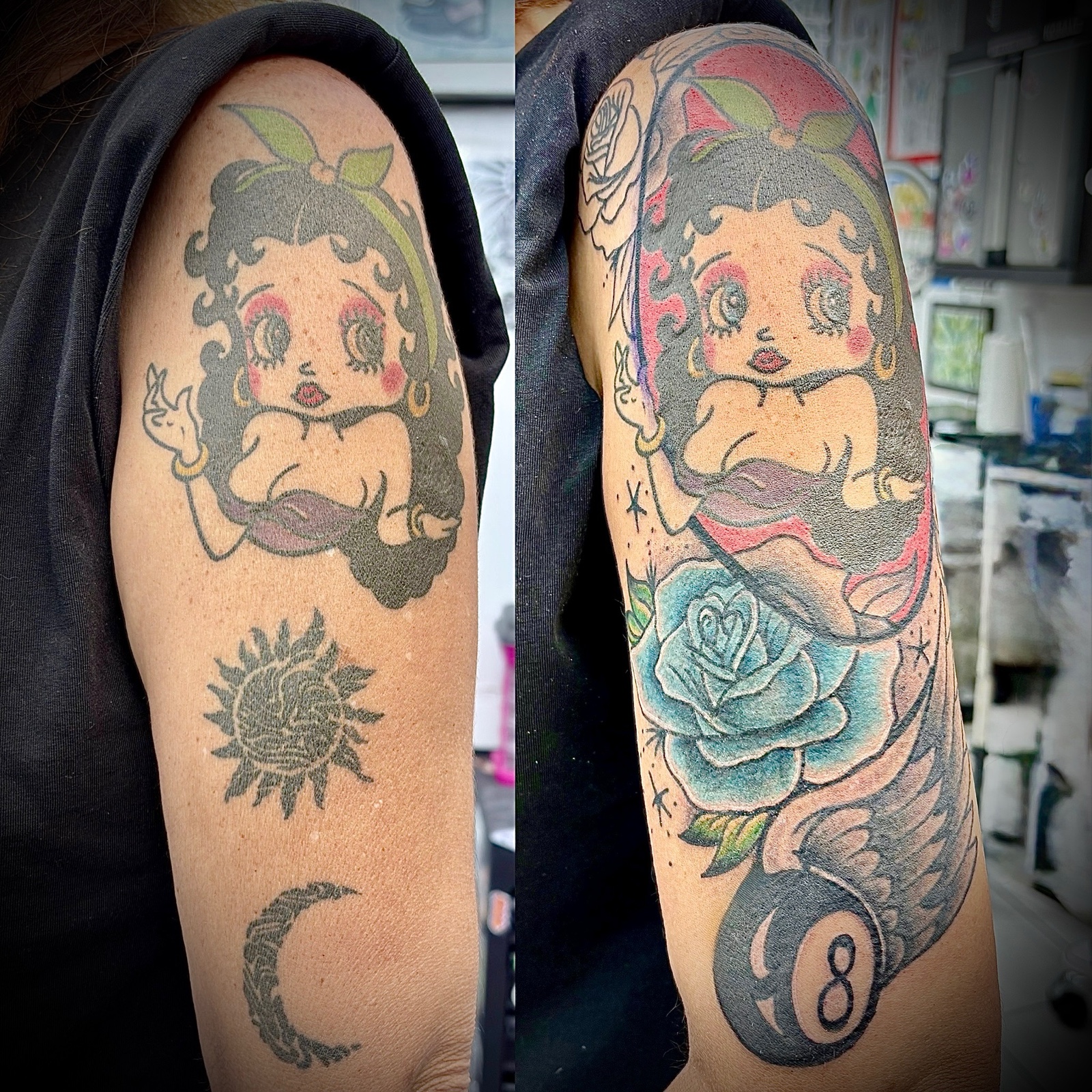 Before-and-after cover-up on his partner — aged Betty Boop refreshed with rose, 8-ball, and saturated color
