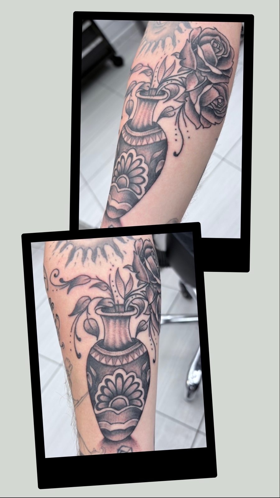 A recent black-and-grey piece by Kevin Mokuahi — vase with roses