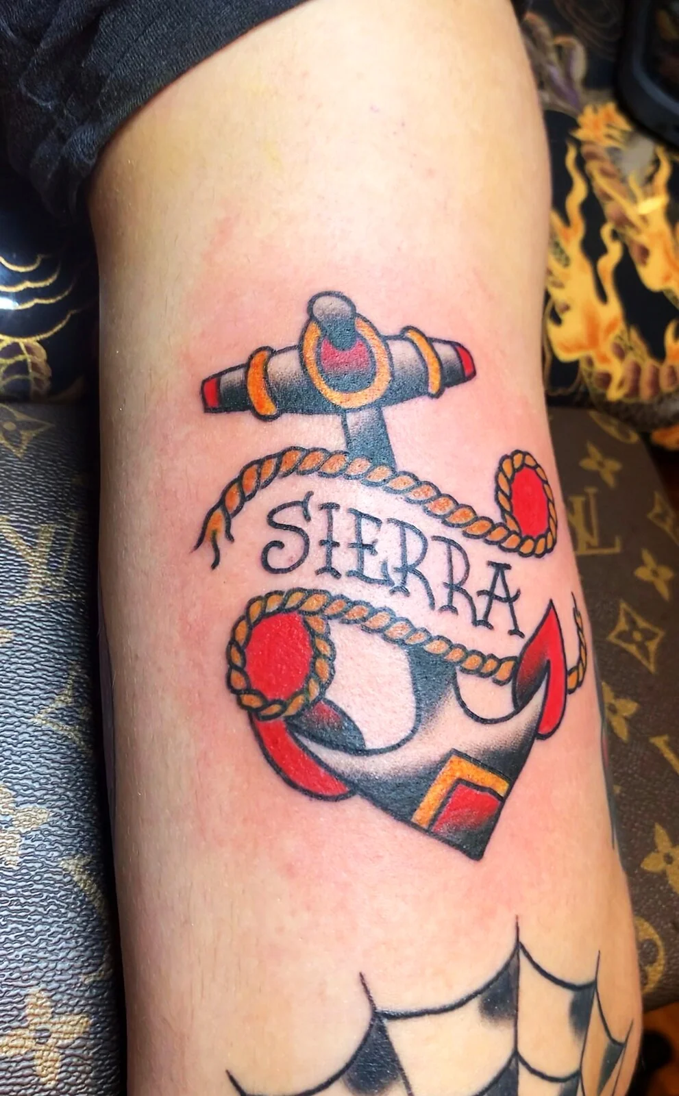American Traditional anchor with Sierra name banner bicep tattoo by Tim Goodrich, Waikiki, Hawaii