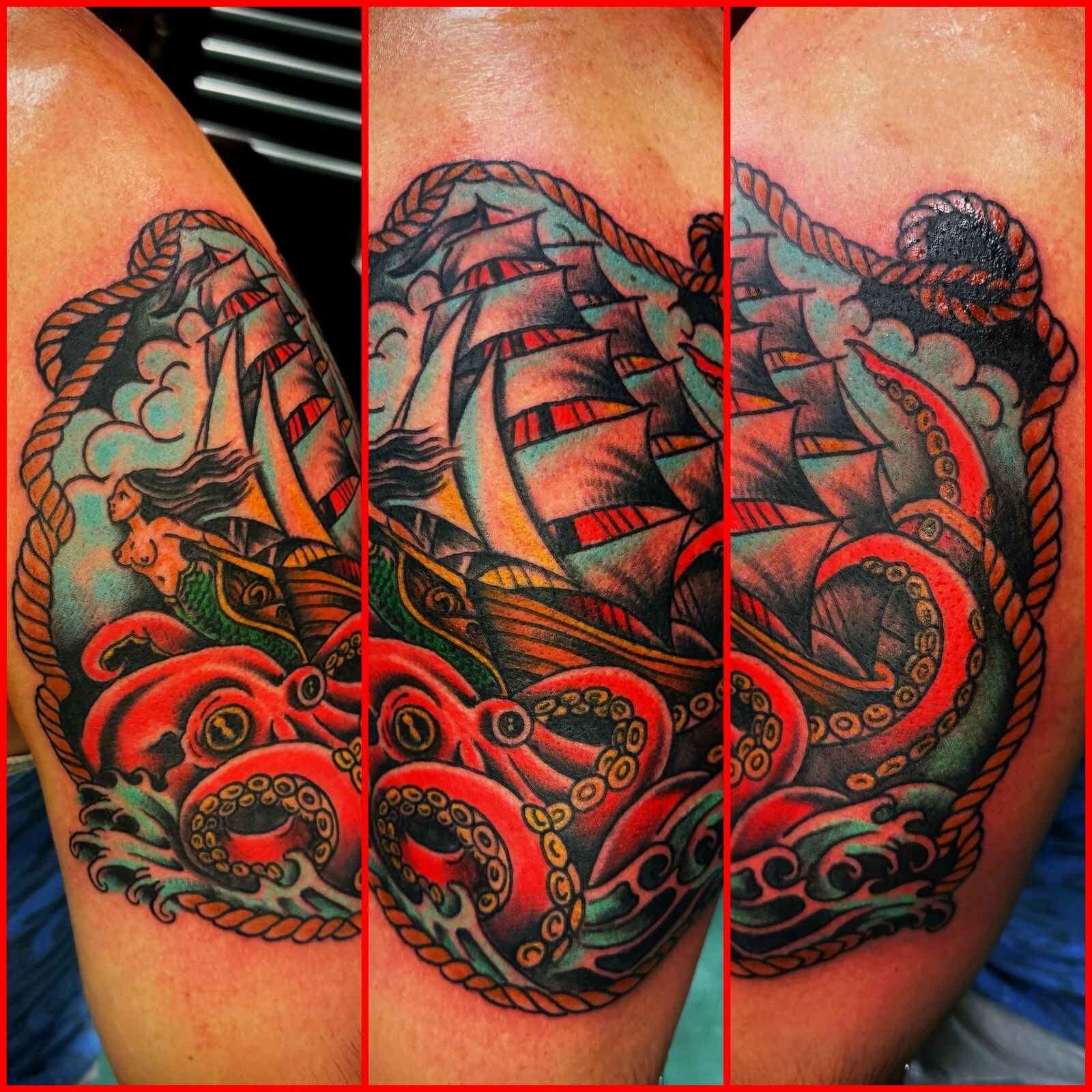 American Traditional pirate ship attacked by red kraken with mermaid figurehead bicep tattoo by Tim Goodrich, Waikiki, Hawaii